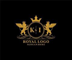 eerste ki brief leeuw Koninklijk luxe heraldisch, wapen logo sjabloon in vector kunst voor restaurant, royalty, boetiek, cafe, hotel, heraldisch, sieraden, mode en andere vector illustratie.