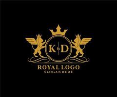 eerste kd brief leeuw Koninklijk luxe heraldisch, wapen logo sjabloon in vector kunst voor restaurant, royalty, boetiek, cafe, hotel, heraldisch, sieraden, mode en andere vector illustratie.