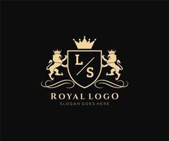 eerste ls brief leeuw Koninklijk luxe heraldisch, wapen logo sjabloon in vector kunst voor restaurant, royalty, boetiek, cafe, hotel, heraldisch, sieraden, mode en andere vector illustratie.