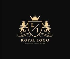 eerste li brief leeuw Koninklijk luxe heraldisch, wapen logo sjabloon in vector kunst voor restaurant, royalty, boetiek, cafe, hotel, heraldisch, sieraden, mode en andere vector illustratie.