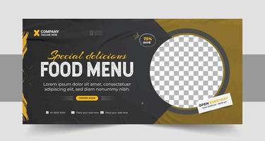 restaurant voedsel menu sociaal media afzet web spandoek. pizza, hamburger of Hamburger online uitverkoop Promotie video miniatuur. snel voedsel website achtergrond. voedsel folder met logo vector