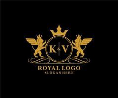 eerste kv brief leeuw Koninklijk luxe heraldisch, wapen logo sjabloon in vector kunst voor restaurant, royalty, boetiek, cafe, hotel, heraldisch, sieraden, mode en andere vector illustratie.