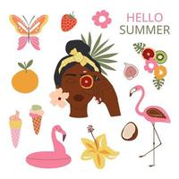 zomer zonnig fruitig clip art. zwart jong vrouw gezicht. vlinder, fruit, tropisch exotisch bladeren en bloemen, flamingo, Softijs. tropisch heet reizen. vector