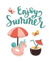 zomertijd accessoire. vector illustratie van paraplu, cocktail, opblaasbaar cirkel en belettering genieten zomer. voor afdrukken, poster en kaart.