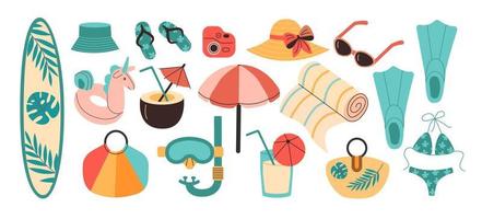 vector zomertijd reeks met zomer accessoires vinnen, surfplank, snorkelen masker, badmode, slippers, paraplu.
