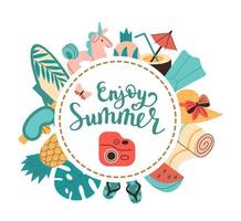 zomertijd accessoire. vector illustratie van vinnen, surfplank, masker, badmode, fruit, leien en belettering genieten zomer.