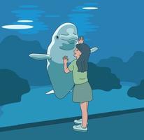 een meisje begroet een dolfijn in het aquarium. hand getrokken stijl vector ontwerp illustraties.