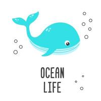 poster van vector schattig tekenfilm blauw walvis met bubbels en tekst oceaan leven in vlak stijl.