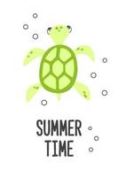 poster van vector schattig tekenfilm groen zee schildpad met bubbels en tekst zomer tijd in vlak stijl.
