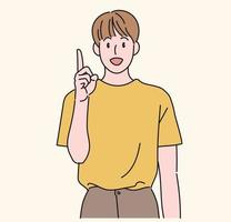 een jongen wijst met zijn vinger omhoog en praat. hand getrokken stijl vector ontwerp illustraties.