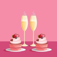 twee bril van Champagne en cupcakes. liefde concept, vector illustratie