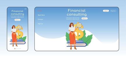 financieel advies adaptieve bestemmingspagina egale kleur vector sjabloon. hulp bij belastingbetalingen mobiele en pc homepage layout. deskundige service één pagina website ui. webpagina platformonafhankelijk ontwerp