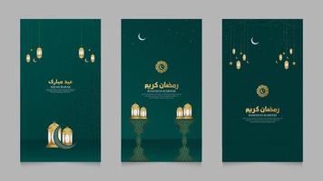 eid mubarak en Ramadan kareem groen Islamitisch realistisch sociaal media verhalen verzameling sjabloon vector