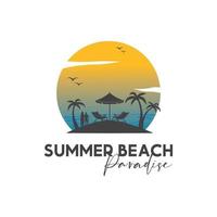 zomer strand silhouet logo met zon stoel paraplu en palm vector ontwerp