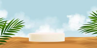 3d staan podium Aan strand zand, woestijn duinen met wolken Aan blauw lucht kokosnoot palm lavas, vector banier backdrop Scherm cirkel Aan oppervlakte zand voor reclame van zomer cosmetisch, huidverzorging concept