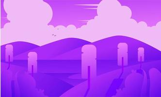 een Purper illustratie van een Purper landschap met een Purper achtergrond en een Purper lucht met wolken. vector