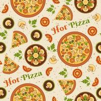 naadloos patroon met paddestoel pizza, peterselie, plakjes van tomaat. getextureerde achtergrond. elementen in gemakkelijk meetkundig stijl. mooi zo voor branding, decoratie van voedsel pakket, Hoes ontwerp, decoratief prints vector