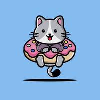 schattig kat knuffel groot donut tekenfilm vector