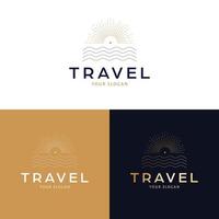 reizen logo ontwerp. zonsondergang en zee abstract vector logo. tropisch vakantie Boheems logo sjabloon.