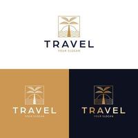 reizen logo ontwerp. palm en zonsondergang vector logo. tropisch vakantie logo sjabloon.