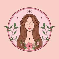 mooi vrouw met lang bruin haar, bloem en bladeren illustratie. cirkel vrouwelijk embleem voor schoonheid salon. vector