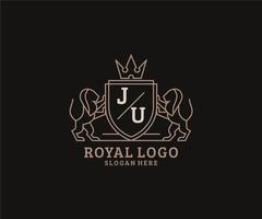 eerste ju brief leeuw Koninklijk luxe logo sjabloon in vector kunst voor restaurant, royalty, boetiek, cafe, hotel, heraldisch, sieraden, mode en andere vector illustratie.