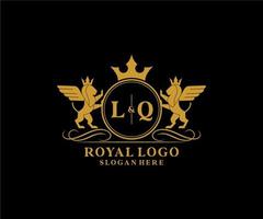 eerste lq brief leeuw Koninklijk luxe heraldisch, wapen logo sjabloon in vector kunst voor restaurant, royalty, boetiek, cafe, hotel, heraldisch, sieraden, mode en andere vector illustratie.