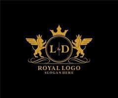 eerste ld brief leeuw Koninklijk luxe heraldisch, wapen logo sjabloon in vector kunst voor restaurant, royalty, boetiek, cafe, hotel, heraldisch, sieraden, mode en andere vector illustratie.