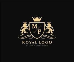 eerste mf brief leeuw Koninklijk luxe heraldisch, wapen logo sjabloon in vector kunst voor restaurant, royalty, boetiek, cafe, hotel, heraldisch, sieraden, mode en andere vector illustratie.