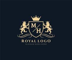 eerste mh brief leeuw Koninklijk luxe heraldisch, wapen logo sjabloon in vector kunst voor restaurant, royalty, boetiek, cafe, hotel, heraldisch, sieraden, mode en andere vector illustratie.