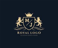 eerste mj brief leeuw Koninklijk luxe heraldisch, wapen logo sjabloon in vector kunst voor restaurant, royalty, boetiek, cafe, hotel, heraldisch, sieraden, mode en andere vector illustratie.