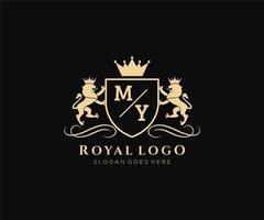 eerste mijn brief leeuw Koninklijk luxe heraldisch, wapen logo sjabloon in vector kunst voor restaurant, royalty, boetiek, cafe, hotel, heraldisch, sieraden, mode en andere vector illustratie.