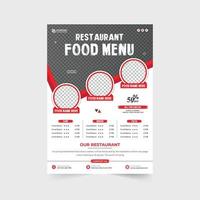 restaurant folder decoratie met een voedsel menu en korting aanbod sectie. restaurant poster ontwerp met foto tijdelijke aanduidingen. voedsel menu folder sjabloon vector met geel en rood kleuren.
