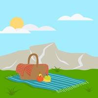 zomer picknick partij uitnodiging kaart met voedsel, vruchten. vector vlak illustraties