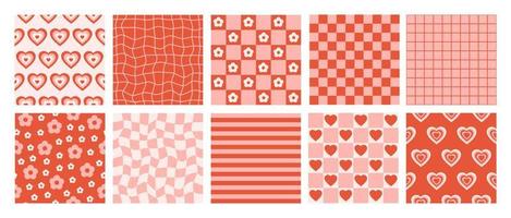 groovy reeks romantisch naadloos patronen in retro stijl jaren 60, jaren 70. modieus vector achtergrond. rood en roze kleuren