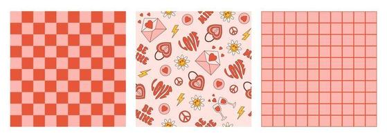 groovy romantisch reeks naadloos patronen. vector structuur in modieus retro jaren 60, jaren 70 tekenfilm stijl. roze en rood kleuren