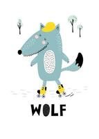 kaart met schattig wolf. kinderen afdrukken. vector illustratie