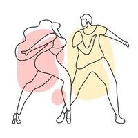 een mooi paar zijn in beweging. geliefden dans bachata, salsa. teder lijn kunst met vlekken. minimalisme vector