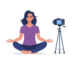 de meisje is omroep yoga klassen in haar appartement. jong vrouw maken meditatie in lotus houding. online yoga concept. vector illustratie.