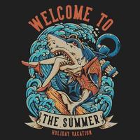 t overhemd ontwerp Welkom naar de zomer met haai wijnoogst illustratie vector