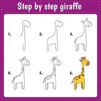 giraf stap. tekening les voor kinderen. tekening zelfstudie. stap door stap herhaalt de afbeelding. kinderen werkzaamheid kunst bladzijde voor boek. vector illustratie.