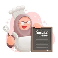 moslim vrouw chef mascotte vervelend schikken houden Koken gardes met menu in hand- vector