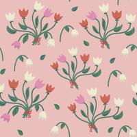 bloemen naadloos patroon met tulpen boeket Aan roze achtergrond. voorjaar schattig achtergrond met bloesem bloemen voor kleding stof, behang, affiches, spandoeken. vector illustratie