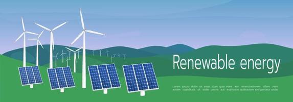 wind turbines en zonne- panelen spandoek. hernieuwbaar energie. de concept van alternatief elektriciteit productie Aan natuurlijk achtergrond. vector