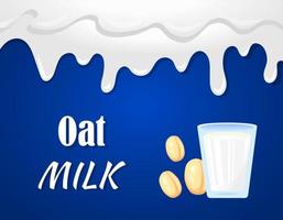 realistisch tekenfilm fabriek melk spandoek. kleurrijk haver melk vector illustratie. glas van melk, haver granen en melk plons grens Aan blauw achtergrond.