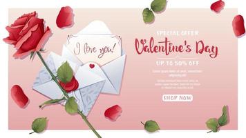 banier met rood roos bloem en liefde brief. st. Valentijn s dag. poster, reclame, achtergrond voor de romantisch vakantie van februari 14. vector
