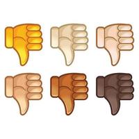 verschillend humeur emoji. emotioneel duimen naar beneden emoji hand- reeks van divers huid tonen schattig tekenfilm gestileerde vector tekenfilm illustratie pictogrammen. geïsoleerd Aan wit achtergrond.