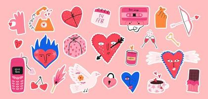 hand- getrokken valentijnsdag dag sticker set, tekenfilm vlak vector illustratie geïsoleerd Aan roze achtergrond. funky en eigenzinnig liefde elementen - geschenk doos, hart met gezicht, oud mobiel telefoon, kaars. 90s stijl.