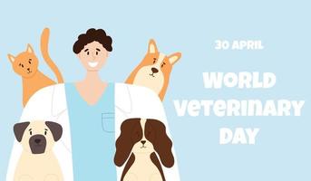 gelukkig dierenarts met gelukkig kat en honden. dier zorg vector illustratie. vlak stijl. Mens veterinair dokter.banner naar wereld veterinair dag.