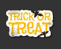 Gelukkig Halloween-truc en behandelingsvliegermalplaatje - oranje en witte kleuren met tekst, knuppels, Web op donkere achtergrond. Stijlvol ontwerp voor viering Halloween. Vector